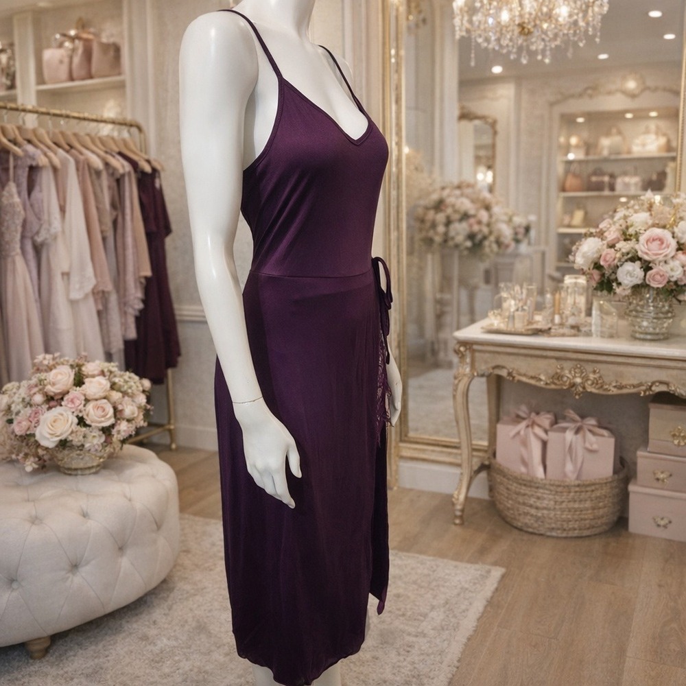 Plum Purple Lace Trim Side Slit Midi Slip Dress XL Deep Violet Wrap Style Skirt - Picture 4 of 6